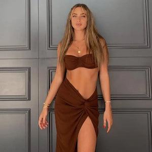 Elegant Twist Ruched Matching Set - brown / L - two piece