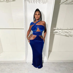 Elegant Velvet Irregular Cut Out Dress - M / Blue - dress
