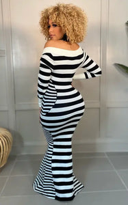 Elegant Vintage Stripe Print Mermaid Maxi Dress - dress