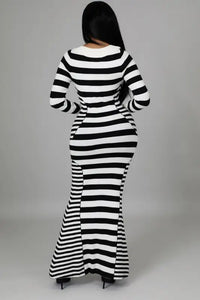 Elegant Vintage Stripe Print Mermaid Maxi Dress - dress