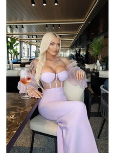 Elegant Violet Mesh Puff Sleeve High Slit Bandage Dress