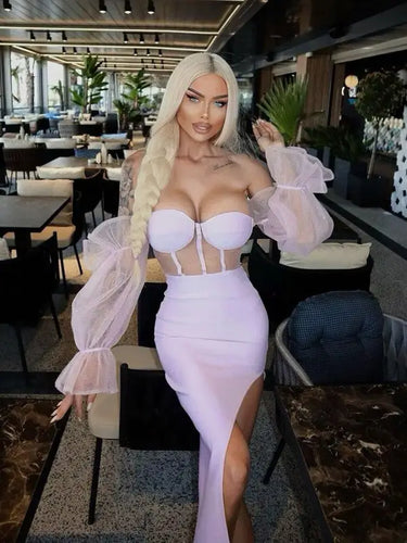 Elegant Violet Mesh Puff Sleeve High Slit Bandage Dress