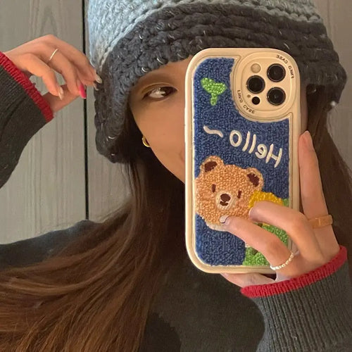 Embroidered Towel Plush Bear Soft Case For IPhone - dress