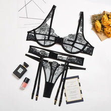 Load image into Gallery viewer, Embroidery 3-piece Lace Floral Bra Underwire &amp; Thong
