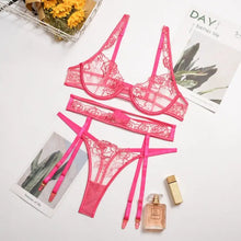 Load image into Gallery viewer, Embroidery 3-piece Lace Floral Bra Underwire &amp; Thong