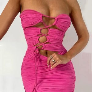 Everlasting Pink Ruched Mesh Strapless Mini Dress - pink