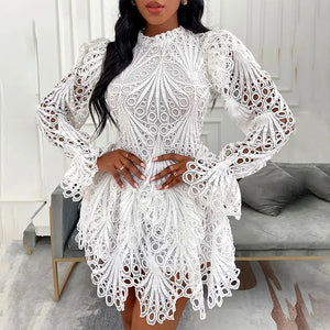 Eyelet Embroidery Bell Sleeve Lace Dress - dress