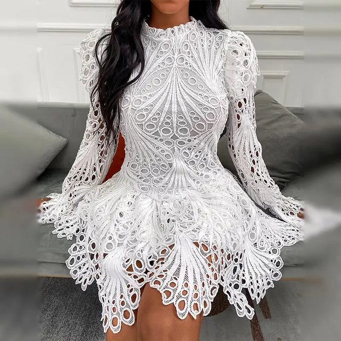 Eyelet Embroidery Bell Sleeve Lace Dress - dress