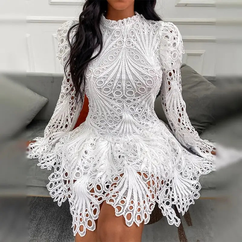 Eyelet Embroidery Bell Sleeve Lace Dress - white / L - dress