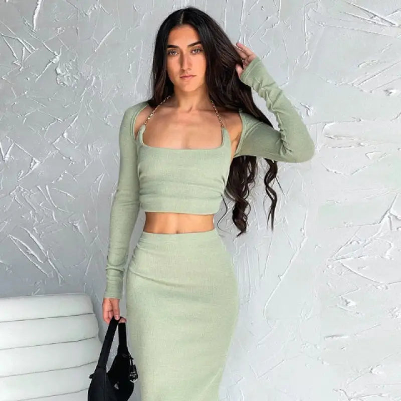 Fashion Chain Shawl Top and Skirt 3 Piece Set - green / M