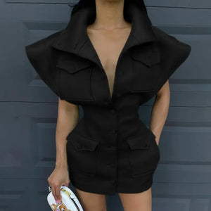 Fashion Flying Sleeve Button Up Bodycon Mini Dress - black