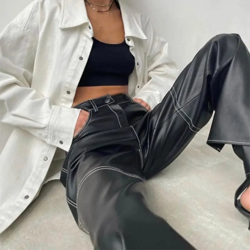 Fashion Gothic Black PU Leather Wide Leg Pants - black / M