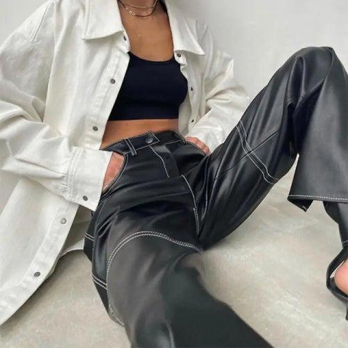 Fashion Gothic Black PU Leather Wide Leg Pants - pants