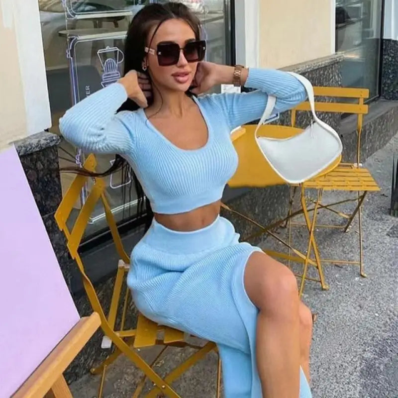 Fashion Knit Sweaters Top and Skirts 2 Piece Set - blue / S