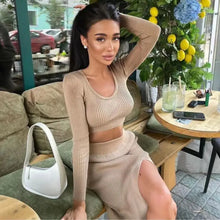 Load image into Gallery viewer, Fashion Knit Sweaters Top and Skirts 2 Piece Set - khaki