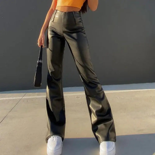 Fashion Office Lady PU Leather Wide Leg Pants