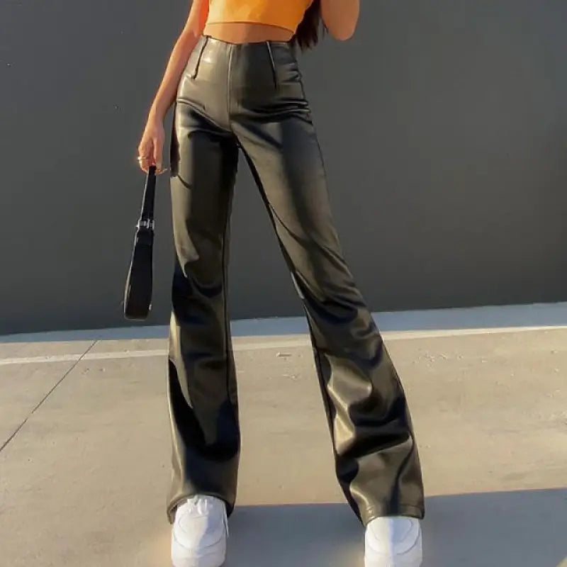 Fashion Office Lady PU Leather Wide Leg Pants - black / L