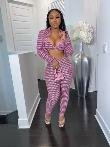 Fashion Plaid Print Cardigan 3 Piece Set - Fuchsia / XXL