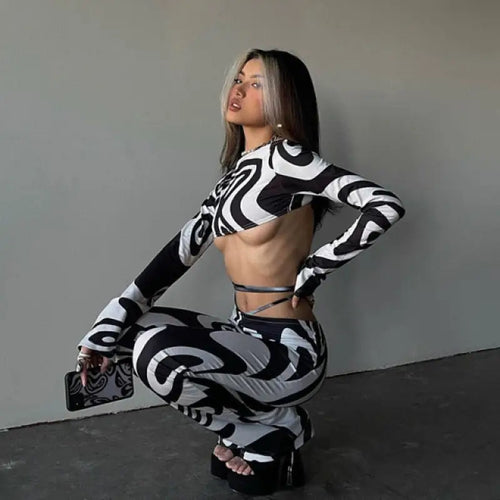 Fashion Print Bandage Top and Flare Pants Matching Set