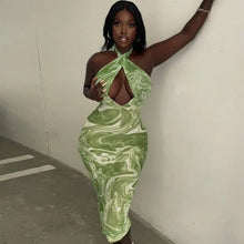 Load image into Gallery viewer, Fashion Print Cross Halter Strapless Midi Dress - green / L
