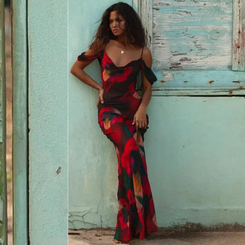 Fashion Print Mesh See Through Sexy Slip Maxi Dress - Red