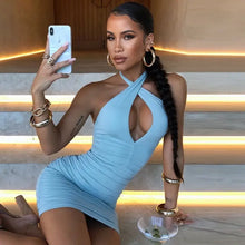 Load image into Gallery viewer, Fashion Solid Ruched Halter Cut Out Bodycon Dress - light