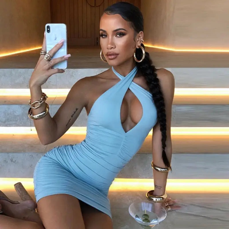 Fashion Solid Ruched Halter Cut Out Bodycon Dress - light