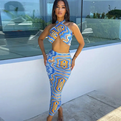 Fashion Tie-dye Halter T-shirt & High Waist Mid-Length