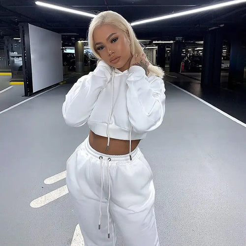 Fashion Tracksuit Crop Sweatshirt and Sweatpants - white