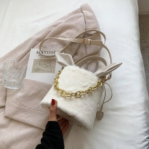 Faux Fur Bucket Plush Crossbody Handbag - Leopard White
