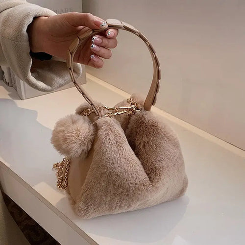 Faux Fur Crossbody Shoulder Bags with Short Wide Handle