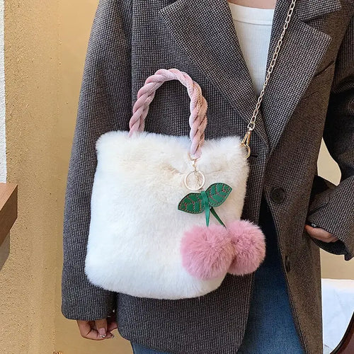 Faux Fur Plush Ladies Shoulder Bag - white