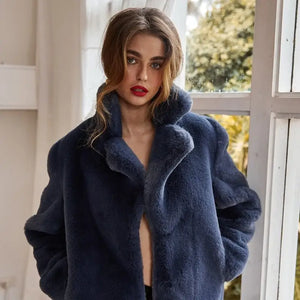 Faux Long Sleeve Short Rex Rabbit Fur Coat