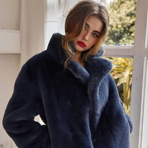 Faux Long Sleeve Short Rex Rabbit Fur Coat