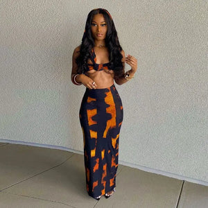 Fire Print Maxi Skirt Crop Top &