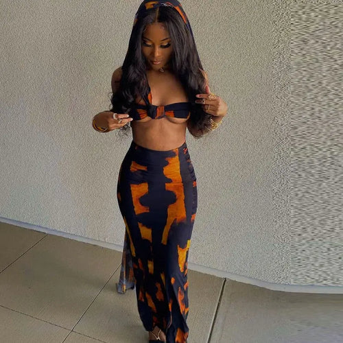 Fire Print Maxi Skirt Crop Top & - Orange / L