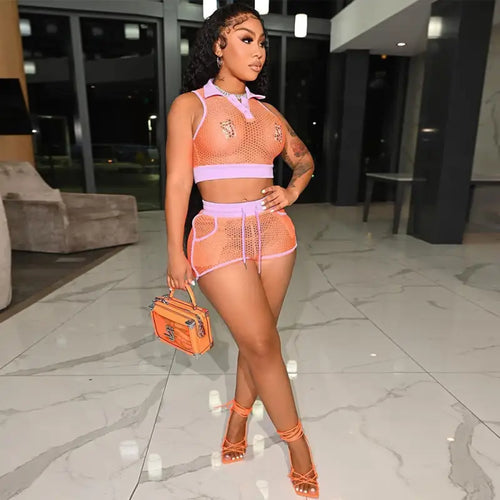 Fishnet Lapel Neck Sleeveless Crop Top and Drawstring Biker