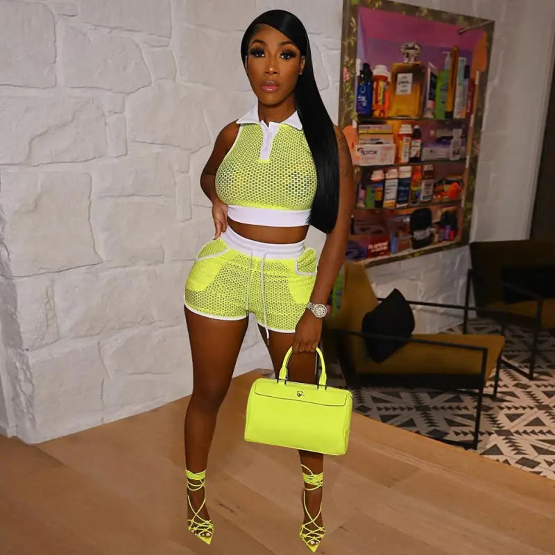 Fishnet Lapel Neck Sleeveless Crop Top and Drawstring Biker