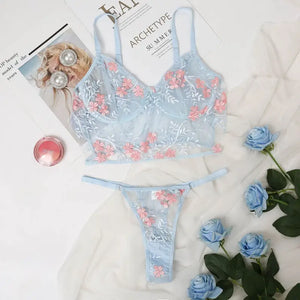 Floral Embroidered Mesh Underwire Lingerie Set