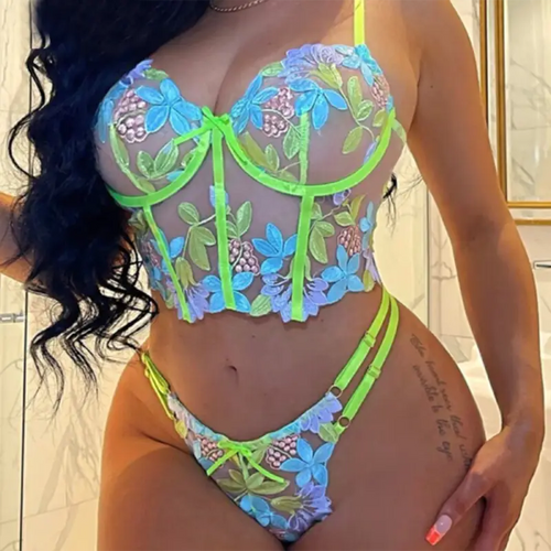 Floral Embroidered See Through Push Up Bra & Panty Set