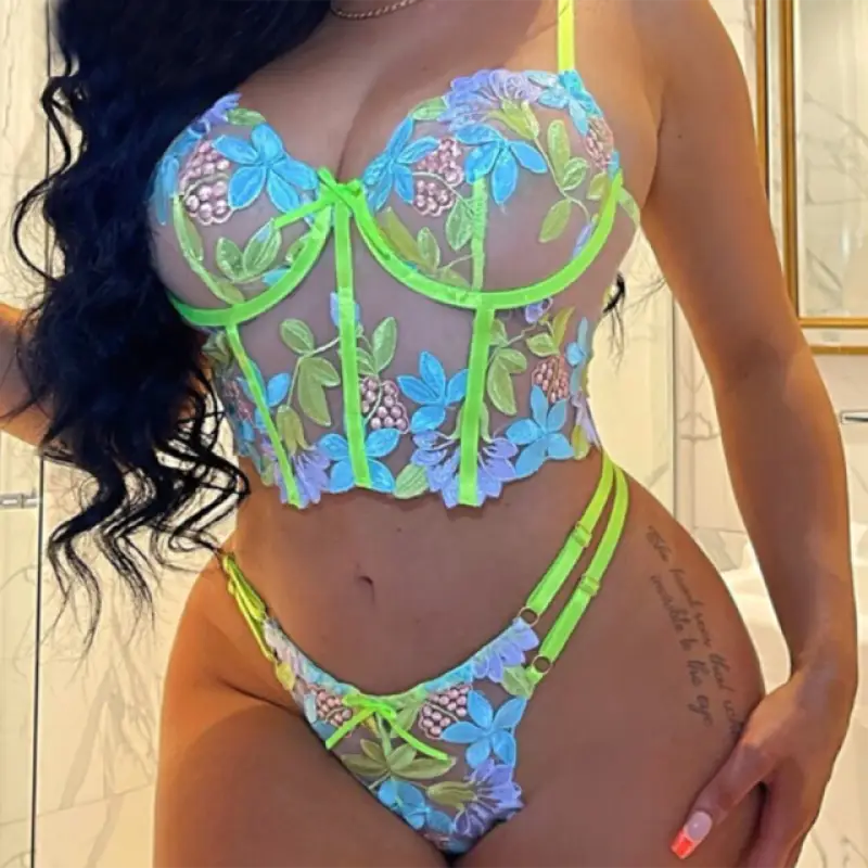 Floral Embroidered See Through Push Up Bra & Panty Set