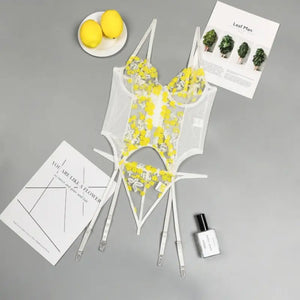 Floral Embroidered Yellow Lingerie Set - XL