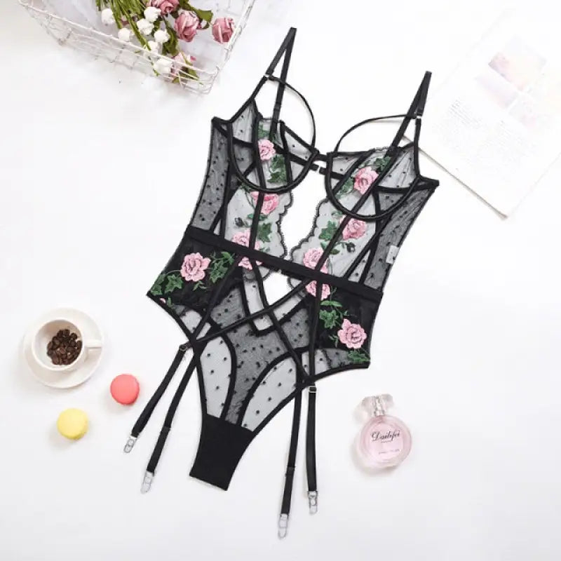 Floral Embroidery Lace 3 Piece Lingerie Set - black