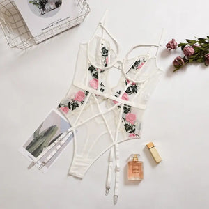 Floral Embroidery Lace 3 Piece Lingerie Set - white