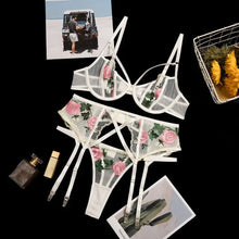 Load image into Gallery viewer, Floral Embroidery Lace 3 Piece Lingerie Set - white set / S