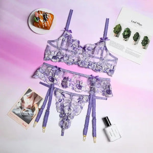 Floral Embroidery Push Up 3 Piece Set - Purple / M