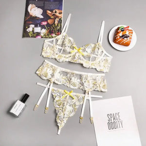 Floral Embroidery Push Up 3 Piece Set - Yellow / M