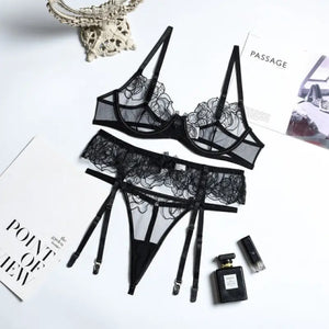 Floral Embroidery Push Up Bra& Panty Set - black / M