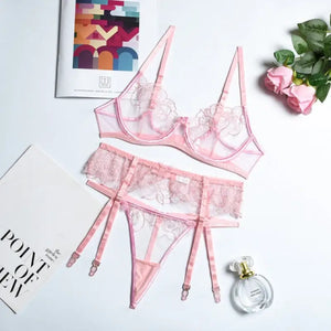 Floral Embroidery Push Up Bra& Panty Set - Pink / M