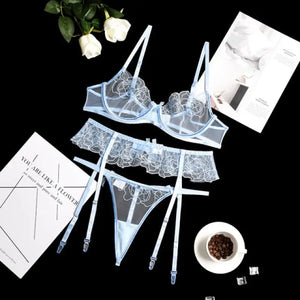 Floral Embroidery Push Up Bra& Panty Set - sky blue / S